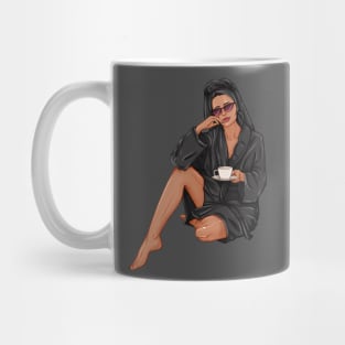 woman with cup of tea in black spa robe Mug